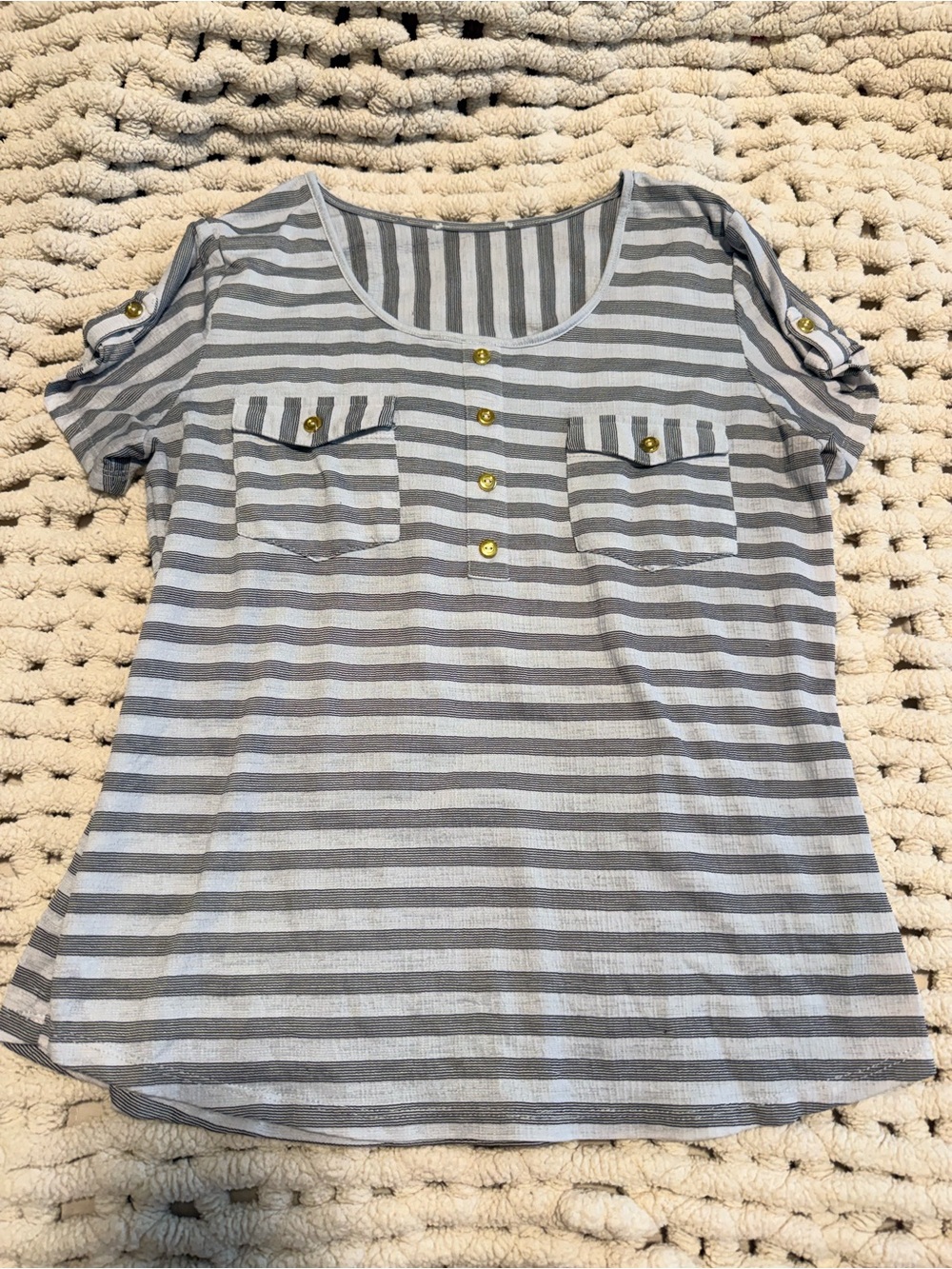Black and White Striped Short Sleeve Top with Gold Buttons